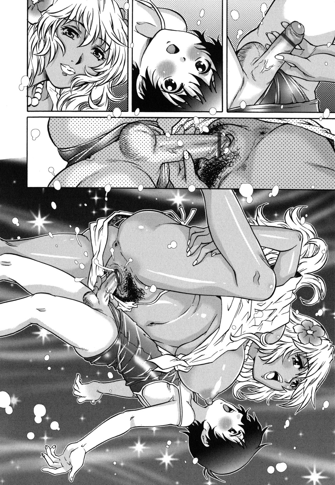 【エロ漫画】ショタにスクール水着を着せて誘惑しちゃう小麦肌のお姉さん…貝をちんぽにはめてボートの上で生ハメ中出しセックスしちゃう【やながわ理央：海物語】