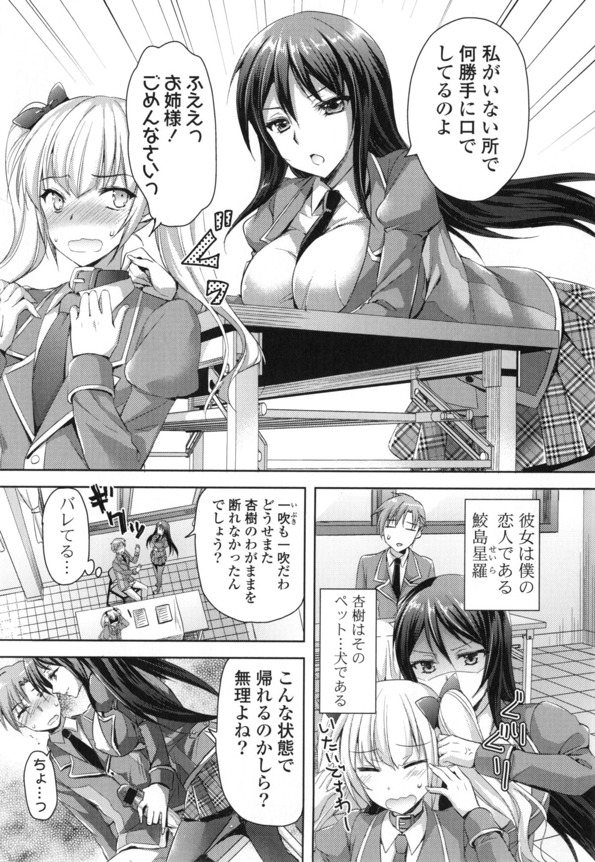 【エロ漫画】生徒会長にご奉仕フェラをツインテールJK…射精をするパンストを破いて処女パイパンを突いて中出し処女喪失【あいかわりく：強気彼女とわがままペット】